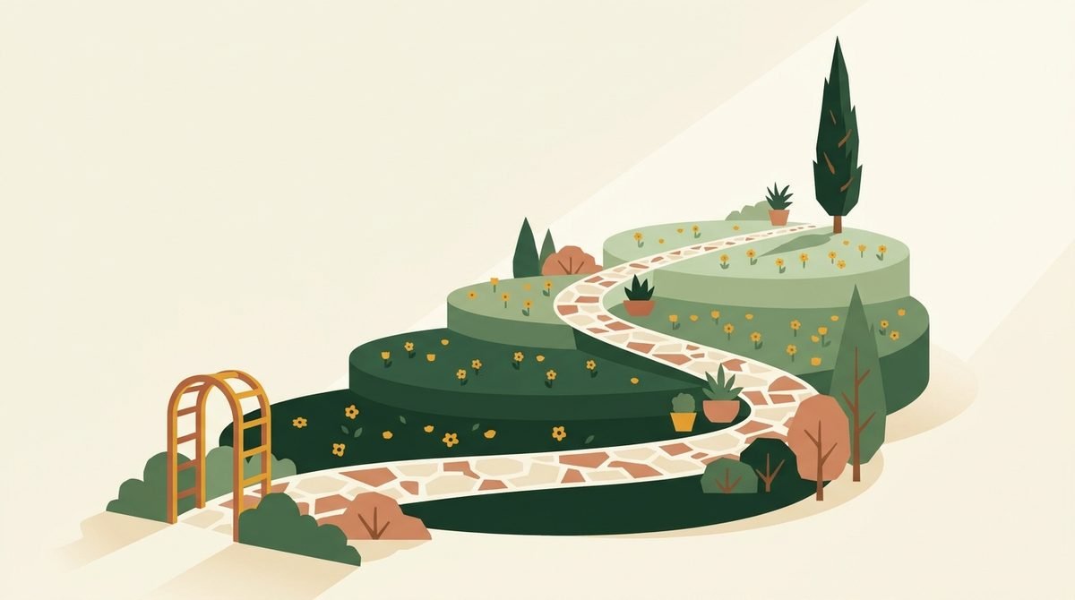 Un chemin de jardin qui monte à travers quatre terrasses fleuries